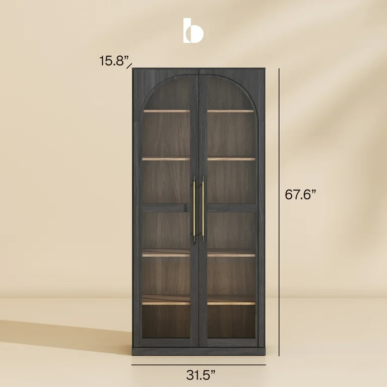 BELLEZE 67" Storage Cabinet, 6 Shelf Glass Bookshelf Display Cabinet, Modern Wood Wine Curio Cabi... | Walmart (US)