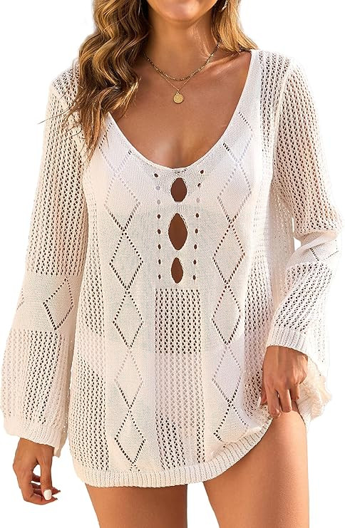 VIAURBE Womens Summer Crochet Swimsuit Coverup Sexy Crew Neck Long Sleeve Mesh Knit Bikini Cover ... | Amazon (US)