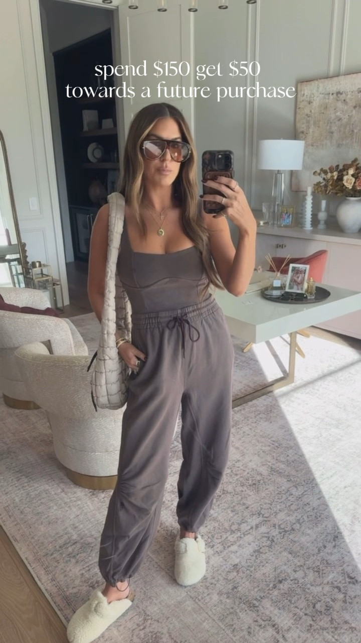 the comfiest and cutest jumpsuit!!! Wearing a small 🫶🏼 spend $150 get $50 towards a future purchase! 