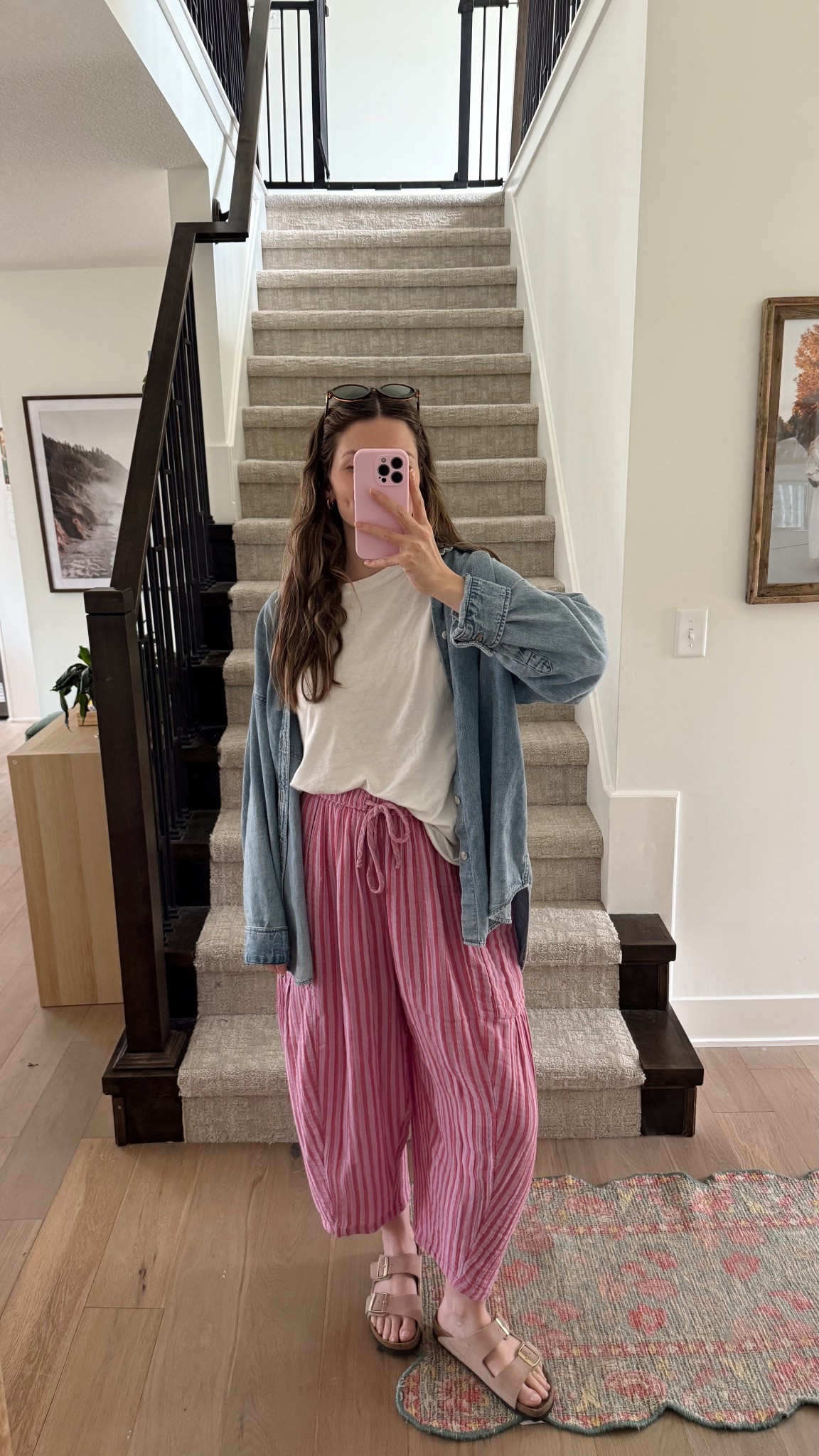 wearing a small in oversized tee, xs in striped pants, so comfortable and airy, lots of new colors this year! Sized up in button down for a more oversized fit! 

Spring outfit, mom outfit, postpartum, nursing friendly 

#LTKmomlife #LTKootd