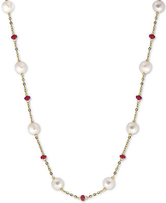 EFFY® Cultured Freshwater Pearl (8mm) & Ruby (3-1/3 ct. t.w.) 18" Statement Necklace in 14k Gold... | Macy's