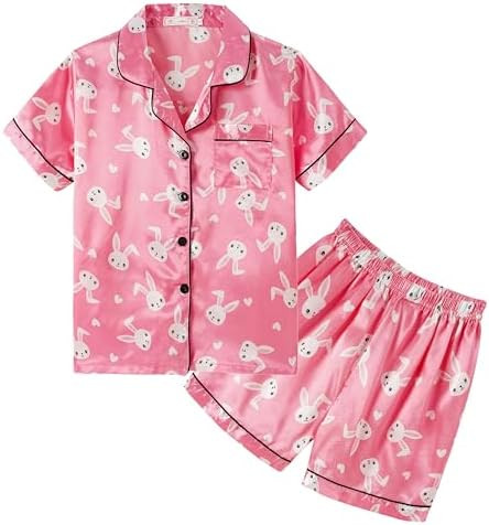 Unisex Kids Boys and Girls Pajama Sets Summer Short Sleeve With Shorts Sleepwear Silky Button Dow... | Amazon (US)
