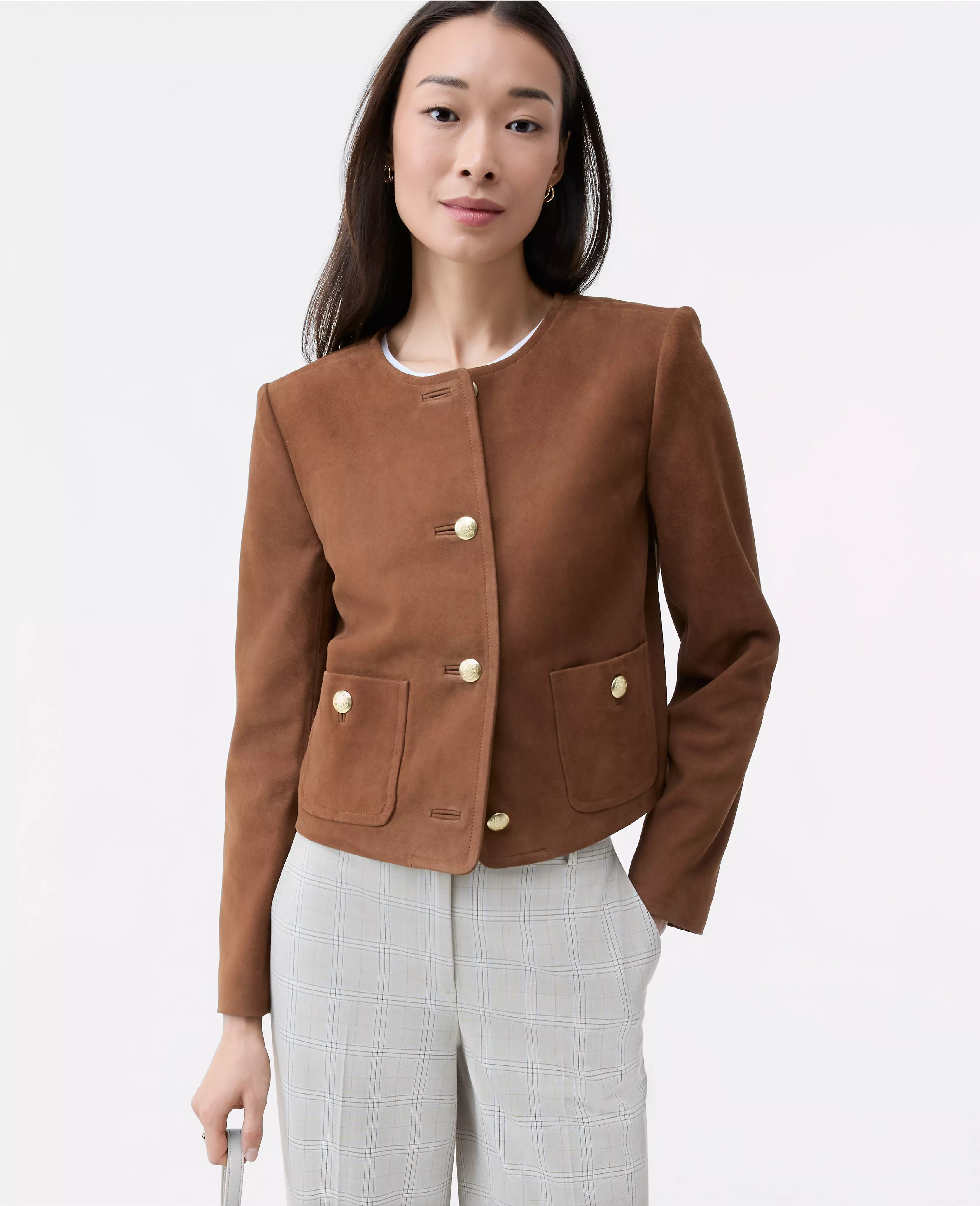 The Crew Neck Jacket in Suede | Ann Taylor