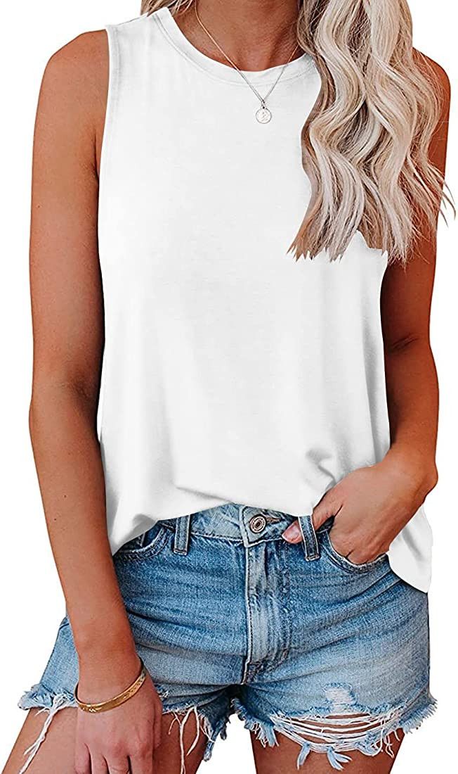 Bliwov Womens Tank Tops Crewneck Loose Fit Basic Solid Color Casual Summer Sleeveless Shirts | Amazon (US)