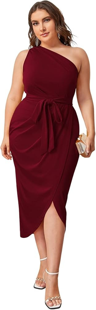 MakeMeChic Women's Plus Size One Shoulder Belted Wrap High Waist Midi Dress | Amazon (US)