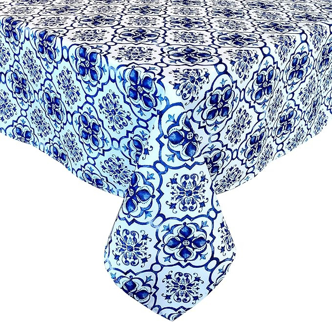 Newbridge Blue Amani Tile Print Indoor/Outdoor Fabric Tablecloth - Delft Blue Medallion Design So... | Amazon (US)