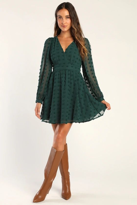 Always on Repeat Emerald Green Clip Dot Long Sleeve Mini Dress | Lulus (US)