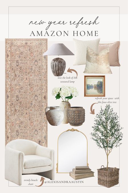 Amazon style decor refresh! Neutral finds to brighten and style your space for the new year

Home finds, style inspo, Amazon Prime, home refresh, light and bright, aesthetic home, neutral finds, rug runner, boucle chair, faux olive tree, vase finds, faux florals, gold mirror, canvas art, throw pillow, textured lamp, basket finds, new year refresh, new year new me, shop the look!

#LTKstyletip #LTKhome #LTKSeasonal