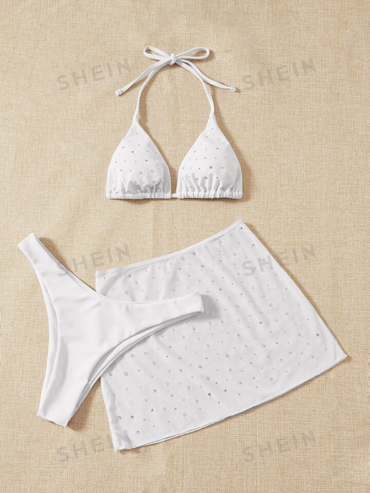 SHEIN Swim Mod 3pack Rhinestone Decor Halter Triangle Bikini Swimsuit & Beach Skirt | SHEIN