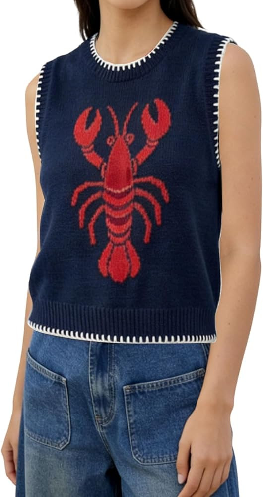 Womens Crawfish Sleeveless Knit Sweater Vest Casual Crewneck T Shirts Summer Pullover Tops | Amazon (US)