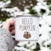 Orange Buffalo Plaid Hello Pumpkin Camping Mug, Fall Coffee Autumn Morning Thanksgiving Camp Tin Enamel Mug | Etsy (US)