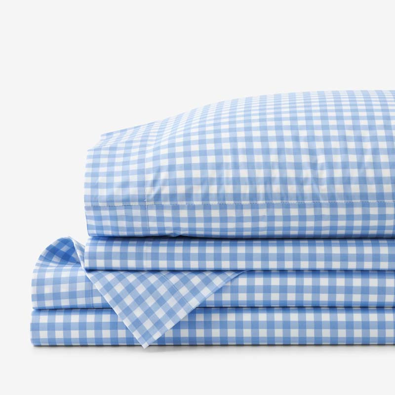 Gingham Classic Cool Organic Cotton Percale Bed Sheet Set - Light Blue, Size Queen | The Company Store | The Company Store