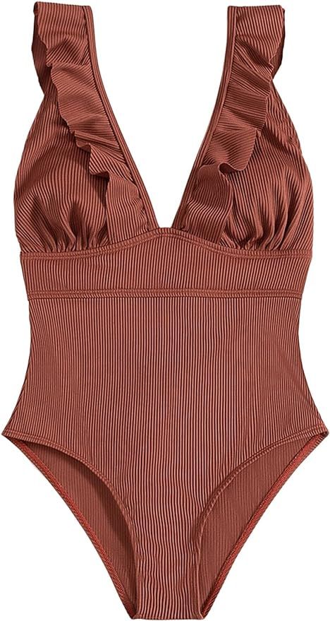 SweatyRocks Women's V Neck Rib Ruffle Trim One Piece Swimsuit High Cut Bathing Suit | Amazon (US)