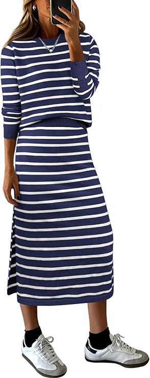 ANRABESS Women 2 Piece Outfits Striped Sweater Skirt Sets 2025 Fall Casual Long Sleeve Pullover T... | Amazon (US)