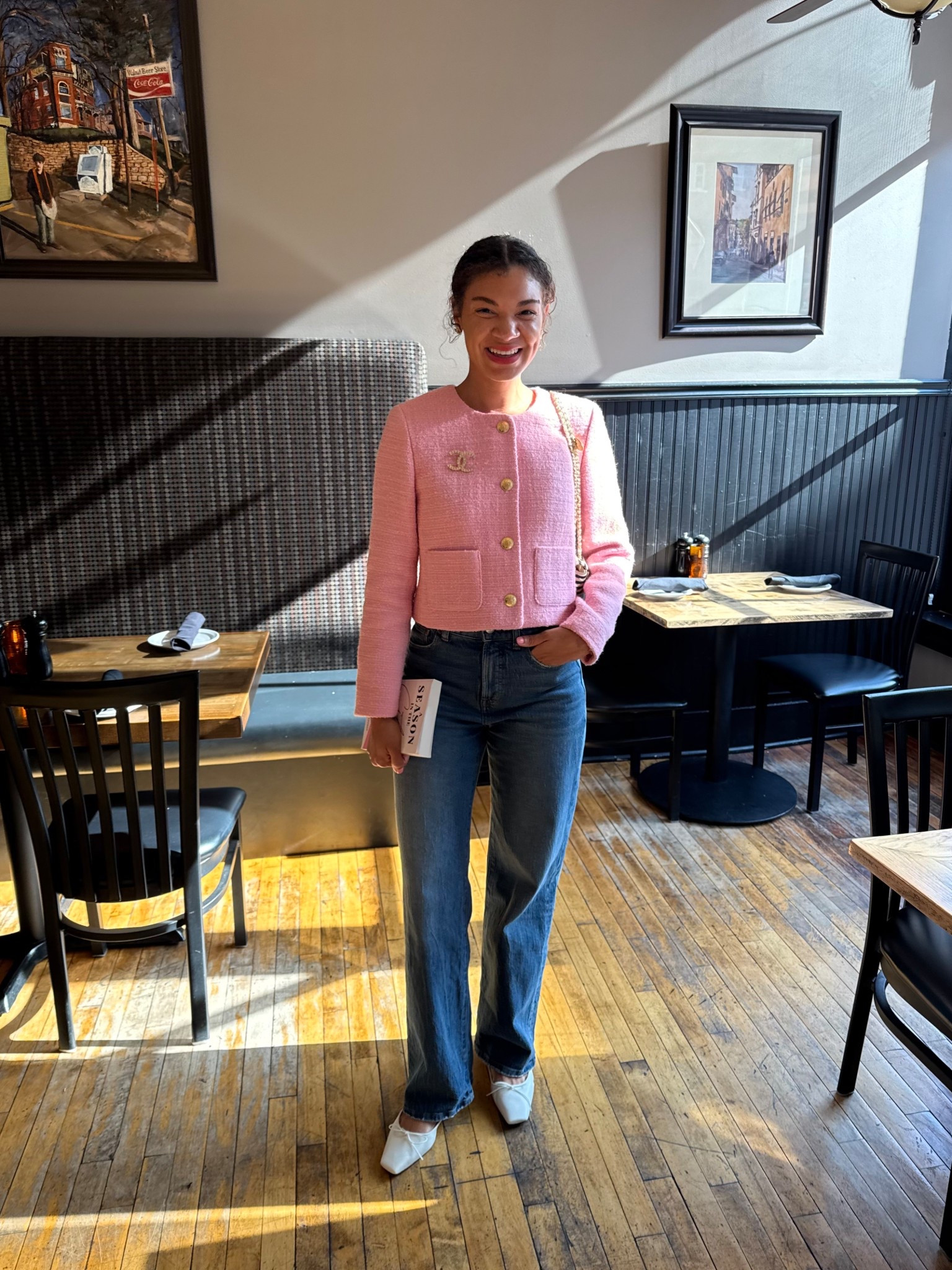 Dinner outfit idea: pink tweed jacket, jeans, slingback flats (what I wore to celebrate my book launch!)

#LTKootd