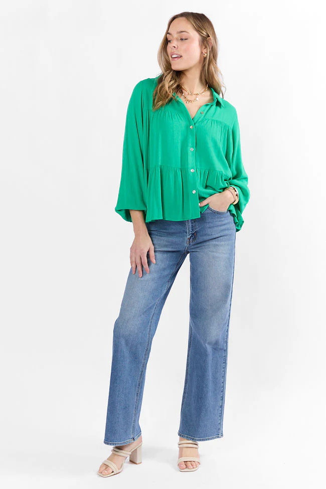 Something Good Green Tiered Relaxed Button Down Blouse | Pink Lily