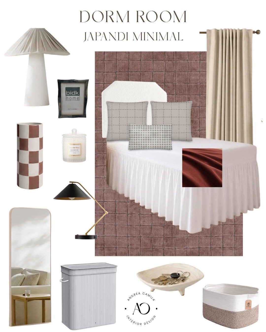 Affordable dorm interior design. Japandi modern design style. Blackout curtains. Dorm bed skirt for twin XL with split corners. Woven storage basket for shelves. Cotton duvet cover set in fire brick red. Bouquet dorm headboard with legs. Glass jar candle. Ceramic multipurpose decorative bowl. Handmade ceramic porcelain table vase checkerboard pattern. USB desk lamp. Gray unique picture frame. Essential full length mirror. Back to school checklist. Bamboo laundry basket. Modern table lamp. Washable shag area rug.
￼

#LTKSeasonal #LTKHome #LTKSaleAlert