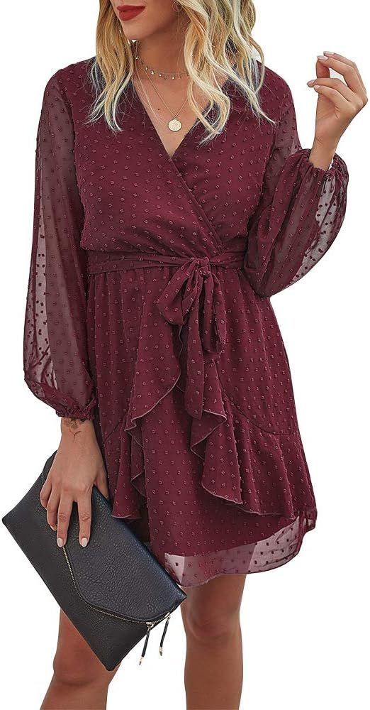 Exlura Womens V Neck Long Sleeve Mini Dress Ruffle Irregular Hem Party Dress Polka Dot with Belt | Amazon (US)