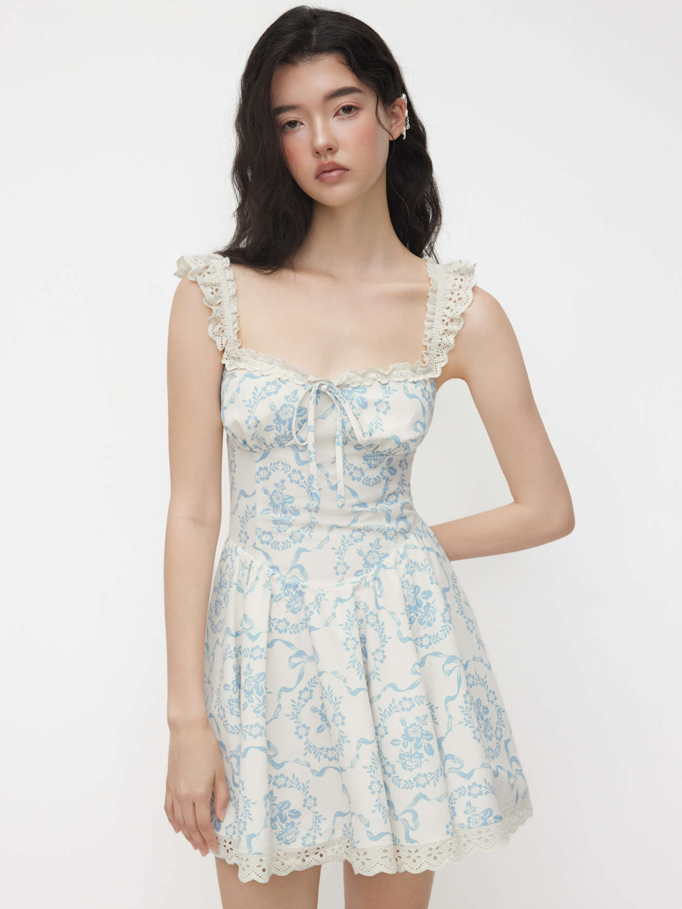 Linen-blend Linen-blend Sweetheart Neck Broderie Anglaise Floral Lettuce Trim Mini Dress For Dail... | Cider