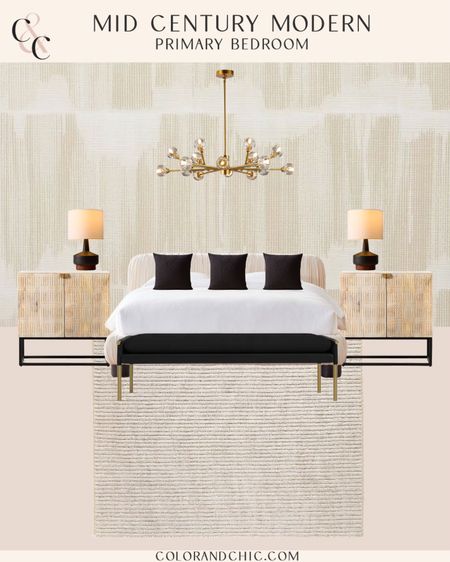 Mid century modern primary bedroom! I love the neutrals mixed in with the brass and black. Super pretty light fixture, too 

#LTKhome #LTKstyletip