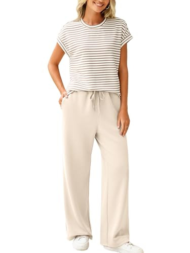 Glamaker Women's 2 Piece Sets Striped Summer Outfits Short Sleeve Shirts Wide Leg Pants Casual Lo... | Amazon (US)
