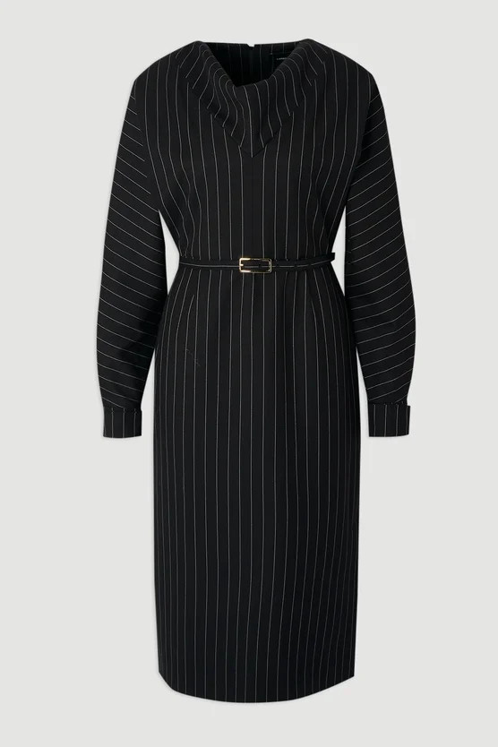 Pinstripe Cowl Neck Tailored Pencil Midi Dress | Karen Millen US
