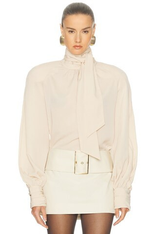 Rowen Rose Tie Neck Blouse in Beige | FWRD 