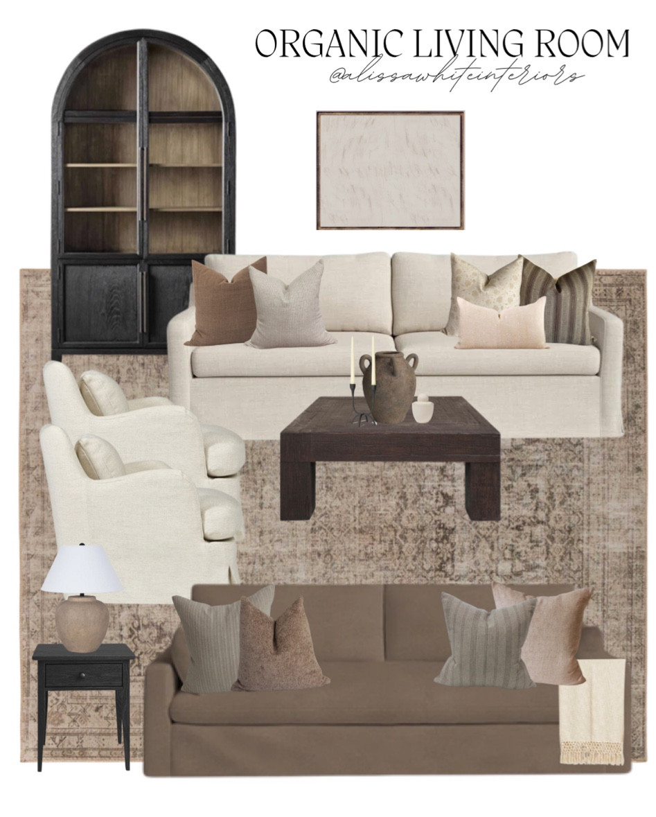 Organic living room design with brown accents. 

Storage cabinet. Sofa. Coffee table. Vase. Candle holder. Brown area rug. Throw pillows. Accent chairs. Lamp. 