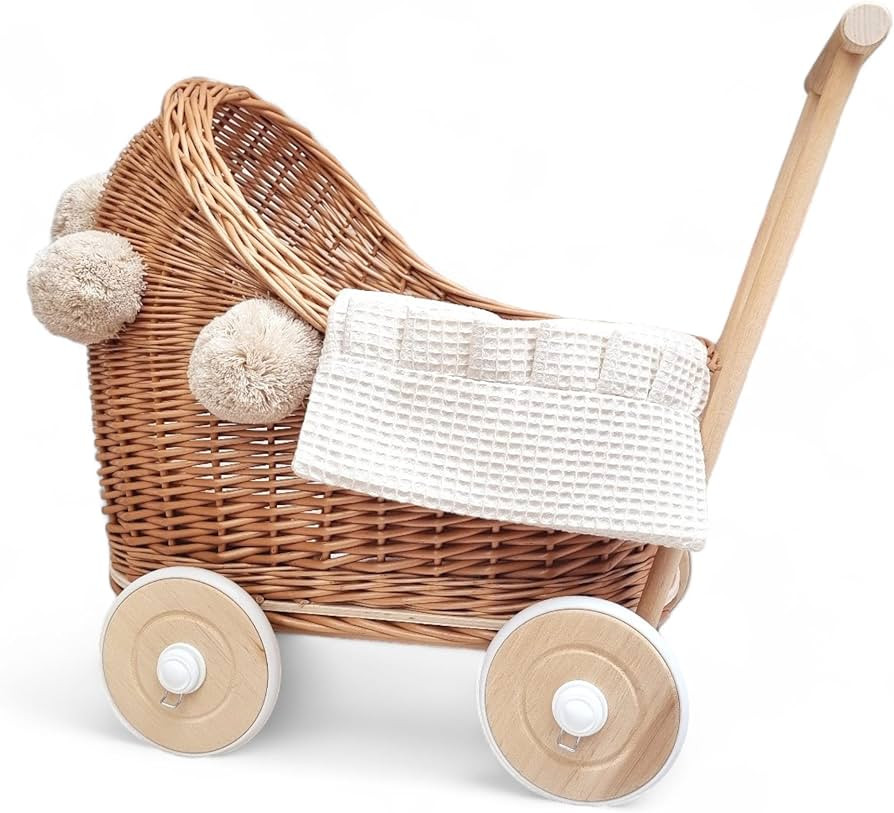 Rattan Baby Doll Stroller - Natural Wicker Ecru Bedding Set & Beech Wood Handle - Handmade Wicker... | Amazon (US)