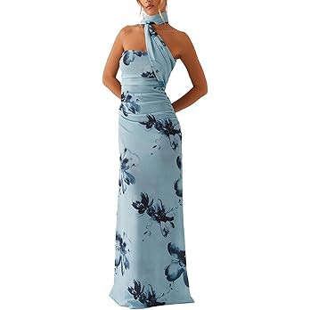 Women Summer Dress Floral Formal Wedding Guest Dress Strapless Tube Dress with Scarf Cocktail Lon... | Amazon (US)