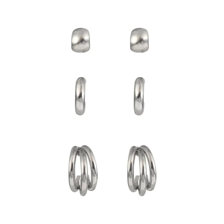 Time and Tru Adult Female Silver-Tone 5 Pair Twisted Triple Hoop Stacker Earring Set | Walmart (US)