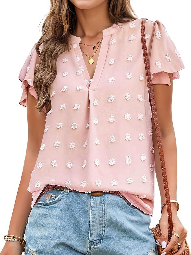 Womens Blouse V Neck Ruffle Short Sleeve Flowy Shirts Dressy Casual Cute Summer Tops Swiss Dot Tu... | Amazon (US)