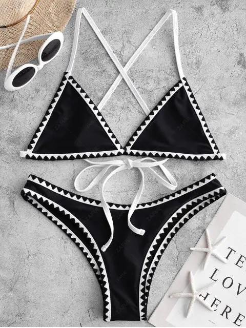 ZAFUL Embroidered Trim Bralette Criss Cross Bikini Swimsuit - Black L | ZAFUL (Global)