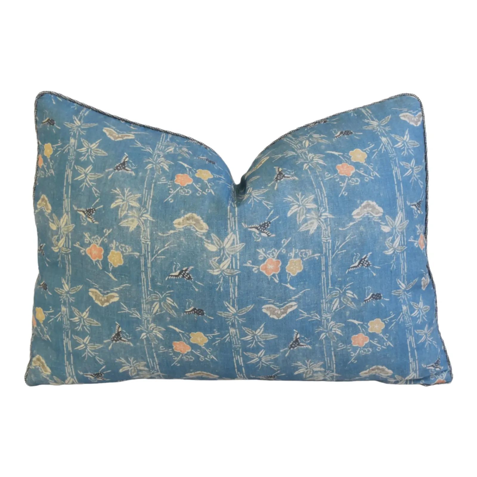Blue Designer Chinoiserie Bird & Floral Bamboo Feather/Down Pillow 21" X 16" | Chairish