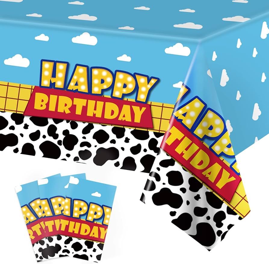 3 Pack Cartoon Story Birthday Party Supplies Cow Pattern Printed Table Cover Blue Sky and White C... | Amazon (US)