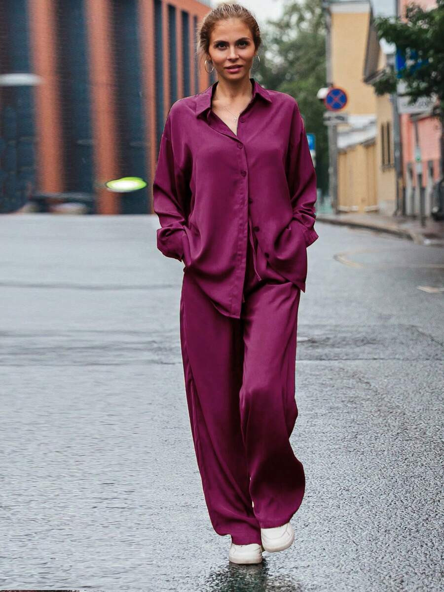 Solid Drop Shoulder Shirt & Wide Leg Pants | SHEIN