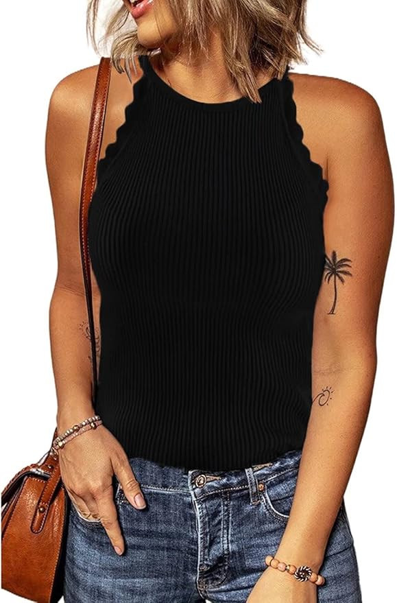 Dokotoo Womens 2022 Summer Ribbed Knit Tight Slim Fitted Casual Summer Scallop Edge Sleeveless Sh... | Amazon (US)