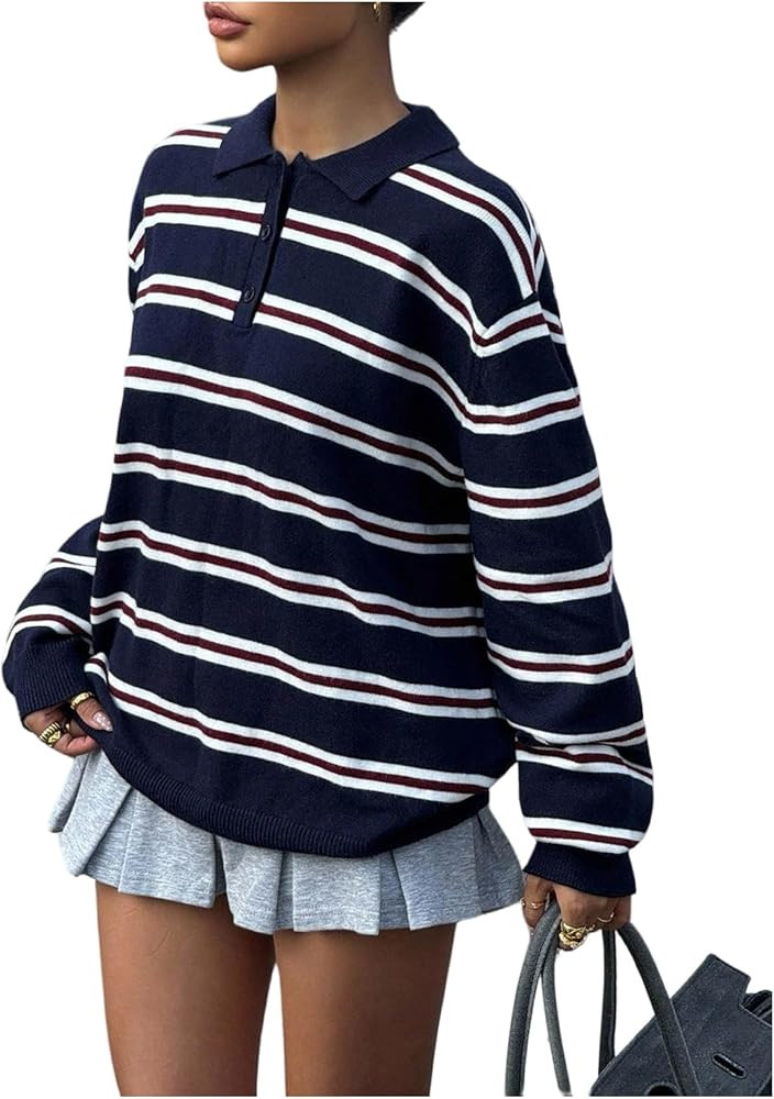 SOLY HUX Women's Striped Sweater Collared Long Sleeve Knit Casual Trendy Preppy Pullover Tops | Amazon (US)