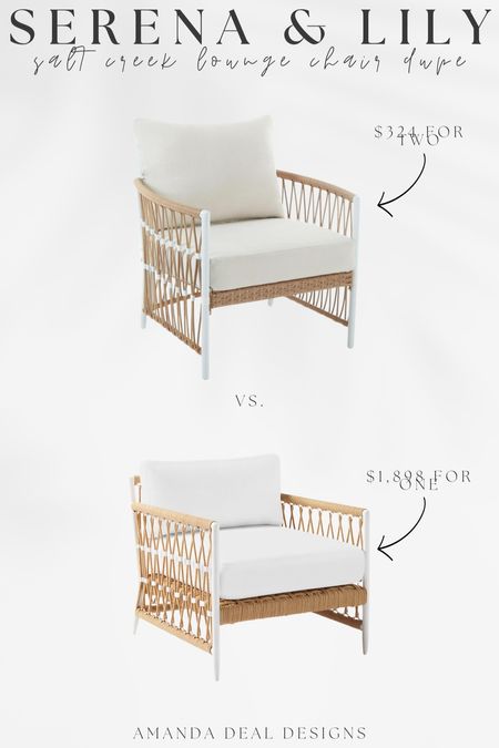 Serena & Lily - Salt Creek Outdoor Lounge Chair Dupe. $1,898 for one vs. $324 for two!

Find more content on Instagram @amandadealdesigns for more sources and daily finds from crate & barrel, CB2, Amber Lewis, Loloi, west elm, pottery barn, rejuvenation, William & Sonoma, amazon, shady lady tree, interior design, home decor, studio mcgee x target, bedroom furniture, living room, bedroom, bedroom styling, restoration hardware, end table, side table, framed art, vintage art, wall decor, area rugs, runners, vintage rug, target finds, sale alert, tj maxx, Marshall’s, home goods, table lamps, threshold, target, wayfair finds, Turkish pillow, Turkish rug, sofa, couch, dining room, high end look for less, kirkland’s, Ballard designs, wayfair, high end look for less, studio mcgee, mcgee and co, target, world market, sofas, loveseat, bench, magnolia, joanna gaines, pillows, pb, pottery barn, nightstand, throw blanket, target, joanna gaines, hearth & hand, floor lamp, world market, faux olive tree, throw pillow, lumbar pillows, arch mirror, brass mirror, floor mirror, designer dupe, counter stools, barstools, coffee table, nightstands, console table, sofa table, dining table, dining chairs, arm chairs, dresser, chest of drawers, Kathy kuo, LuLu and Georgia, Christmas decor, Xmas decorations, holiday, Christmas Eve, NYE, organic, modern, earthy, moody, outdoor, patio furniture 

#LTKHome #LTKStyleTip #LTKSaleAlert