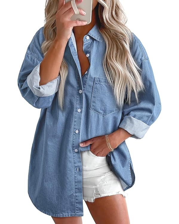 Astylish Women Denim Shirts Button Down Blouse Long Sleeve V Neck Casual Top | Amazon (US)