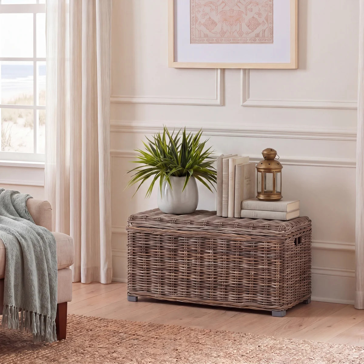 Modern Whyte Wicker Mahogany Solid Wood Trunk with Durable Handles, Lift-Top Storage for Living R... | Wayfair North America