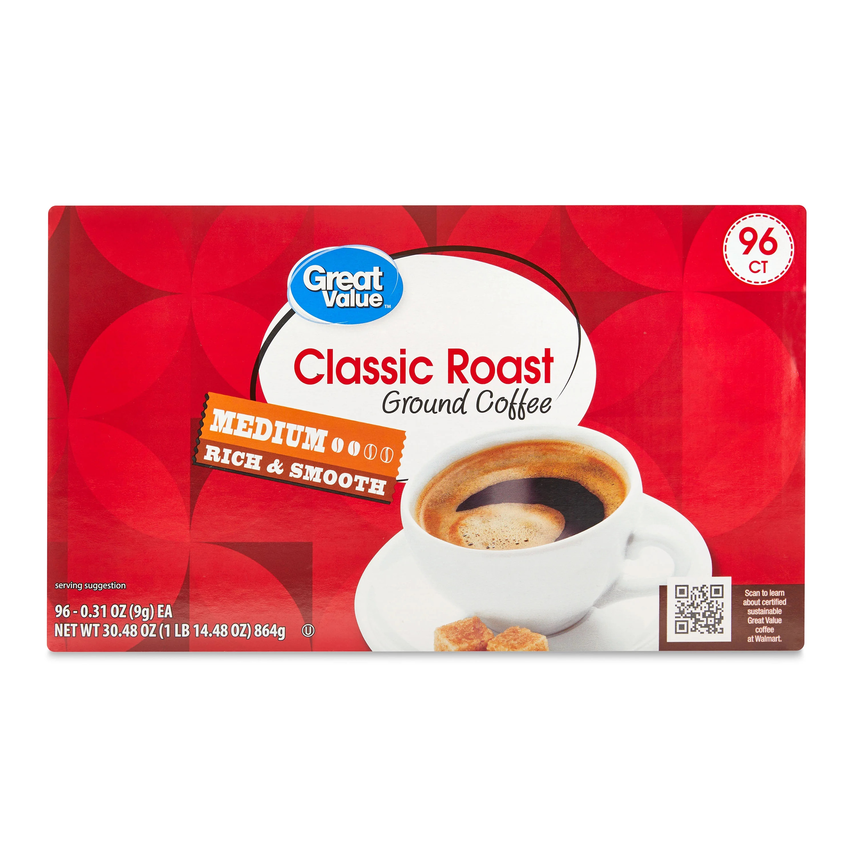 Great Value Classic Roast Ground Coffee Pods, 0.31 oz, 96 Count | Walmart (US)