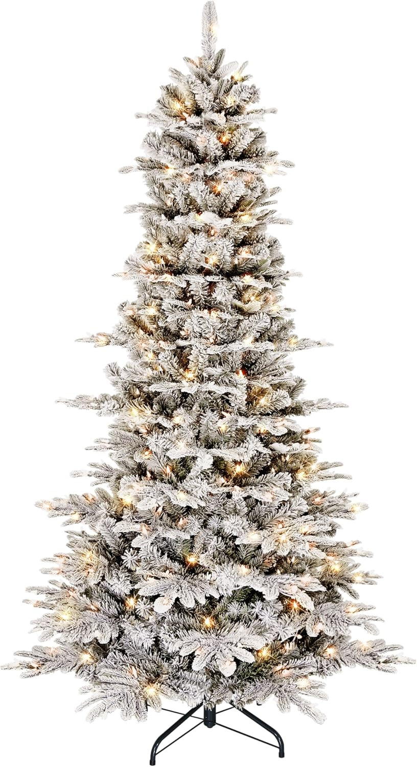 Puleo International 7.5ft Pre-Lit Slim Flocked Aspen Fir Christmas Tree with 450 Clear Lights, 1016 Realistic Dense Snow Flocked Branch Tips, Easy Setup Artificial Trees with Sturdy Metal Stand | Amazon (US)