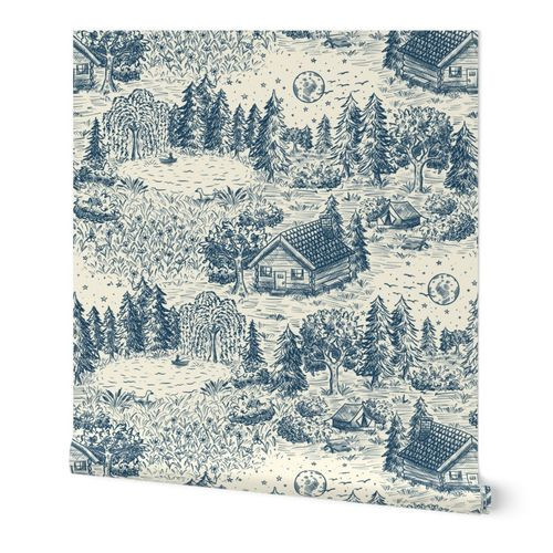 Wallpaper in Lakeside Vacation Cabin Toile De Jouy - Large Scale - Blue | Spoonflower