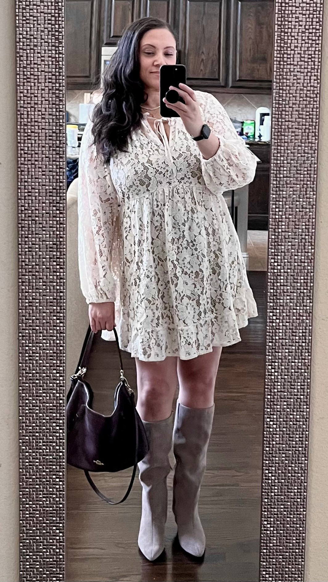 You will love this dress if you’re into lace. Very on trend! And it’s on sale.

It definitely works with tall boots and fall colors. TTS and not too short.

Floral lace dress: large
Boots: Anniversary Sale purchase from last year no longer available (linked similar)
Bag: Coach oxblood crossbody (linked similar)

#LTKSaleAlert #LTKOver40 #LTKMidsize