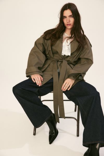 Short Trench Coat - Long sleeve - Short - Dark khaki green - Ladies | H&M US | H&M (US + CA)