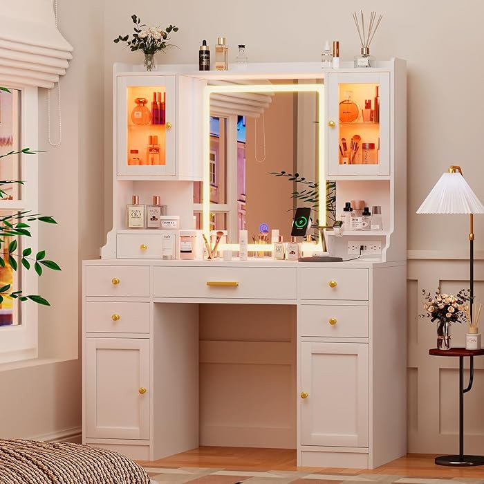 White Makeup Vanity Desk with Mirror and Lights, Large Vanity Table Set with Charging Station, Dr... | Amazon (US)