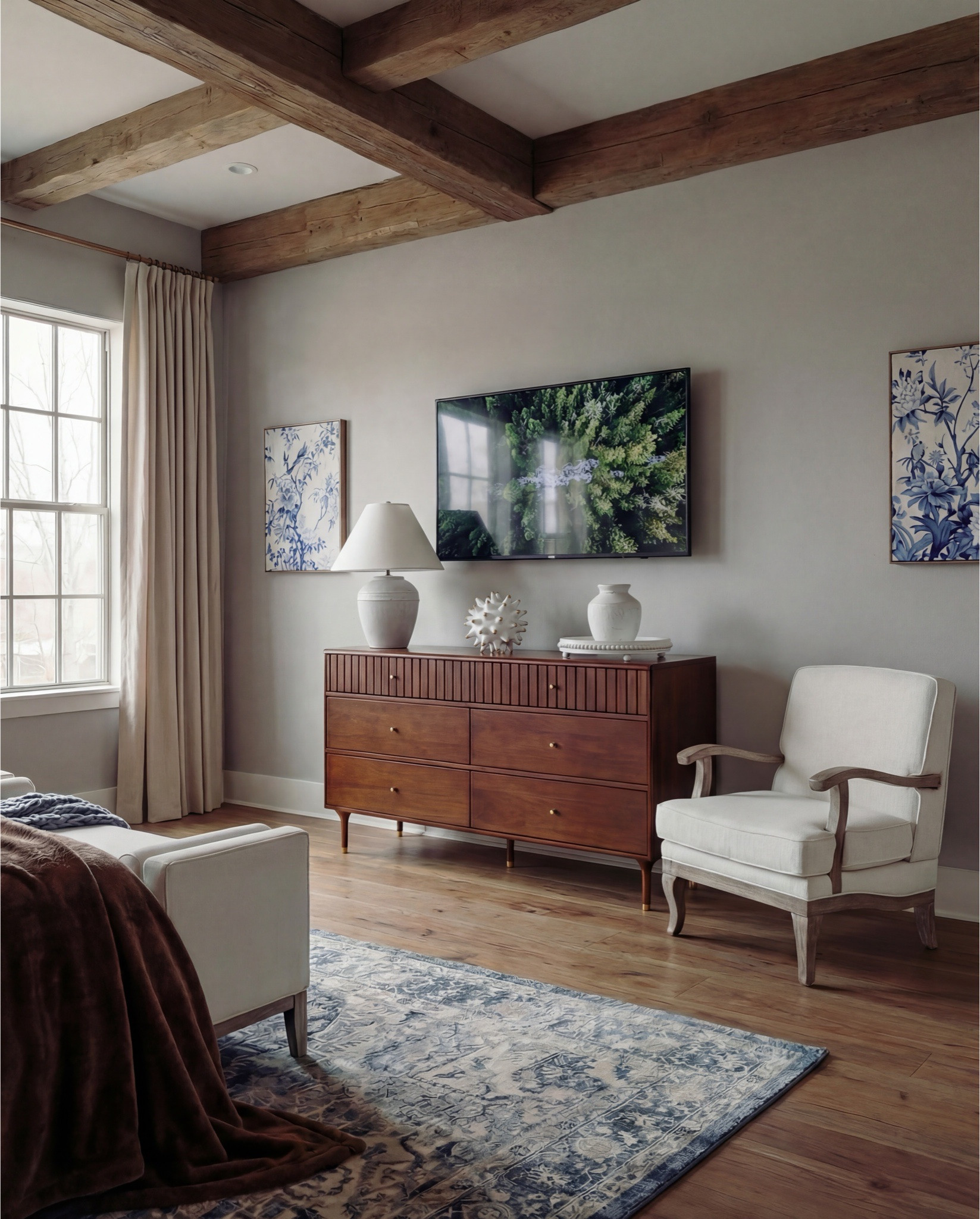 Shop the Look: Bedroom Refresh
• Upholstered bed frame (soft ivory fabric)
• Neutral bedding set (white and light beige)
• Brown throw blanket (plush or wool)
• Blue and ivory accent pillow
• Wood nightstands with drawers (warm oak tone)
• Ceramic table lamps (white base, white shade)
• Blue glass decorative vases
• Framed blue-and-white botanical wall art (set of three)
• Upholstered bench with fluted wood base
• Traditional patterned blue area rug 
• Floor-length neutral curtains
• Wood ceiling beams (natural stained finish)
• Brass decor bowl all catch
• White and blue decor beads 
Blue knitted throw blanket
•wood dresser
•white pedestal bowl
•white terracotta lamp
•round white table decor
•white terracotta vase
•white upholstered wood accent chair
•white terracotta pedestal bowl


#LTKSaleAlert #LTKHome