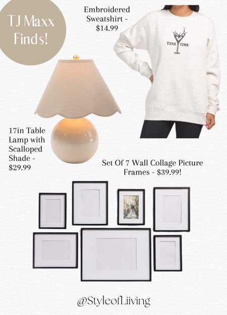 TJ Maxx finds! Embroidered sweatshirt, round table lamp with scalloped shade, gallery wall picture frame.

#LTKFindsUnder50 #LTKHome #LTKStyleTip