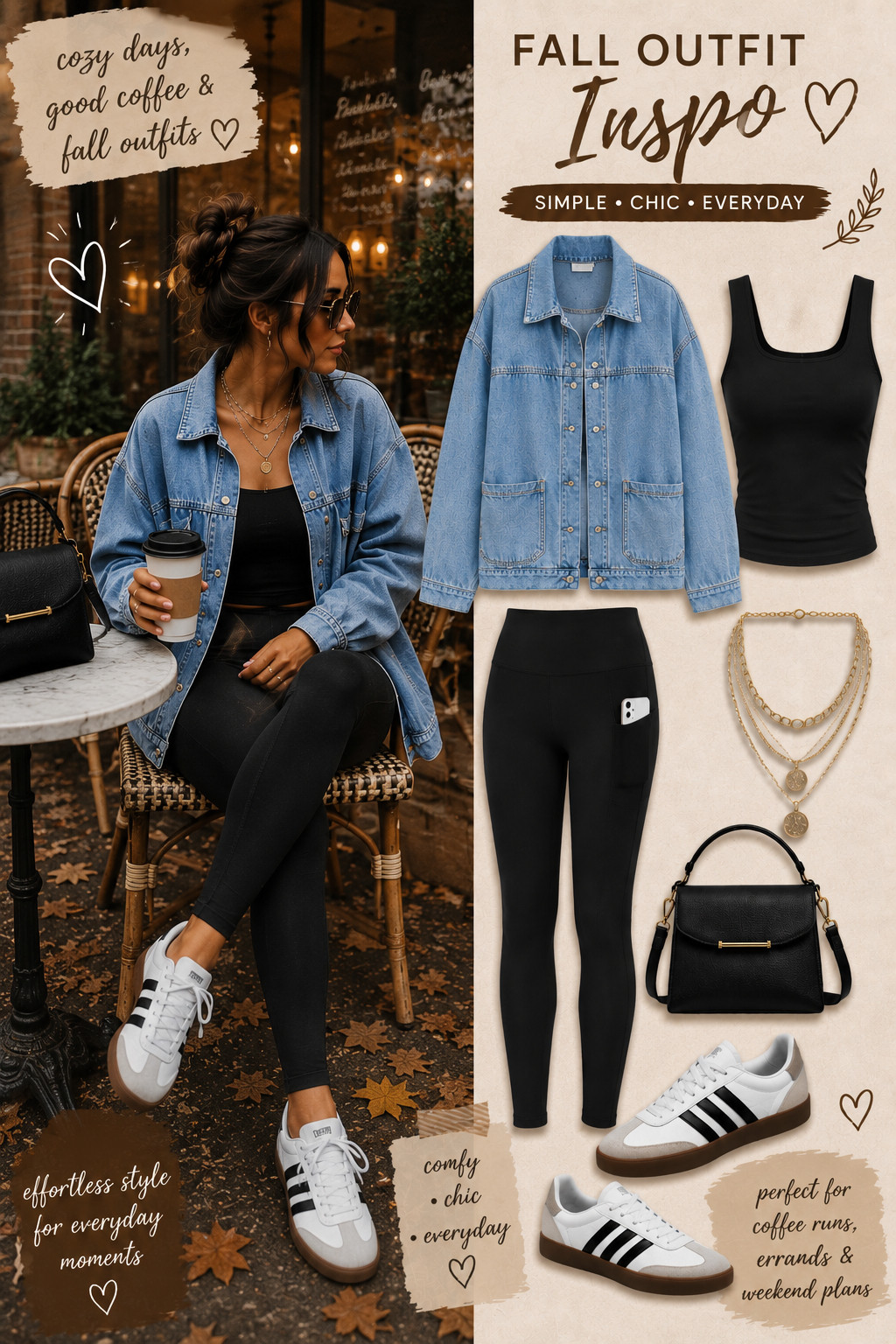 Need a casual fall outfit that’s comfy but still put together? Style an oversized denim jacket with black leggings, a fitted tank, white sneakers, a black handbag, and layered gold jewelry for an effortless everyday look. Perfect for coffee runs, errands, travel, and weekend plans. Save this denim jacket and leggings outfit for easy fall outfit inspiration! 

 #LTKootd #LTKSeasonal #LTKU